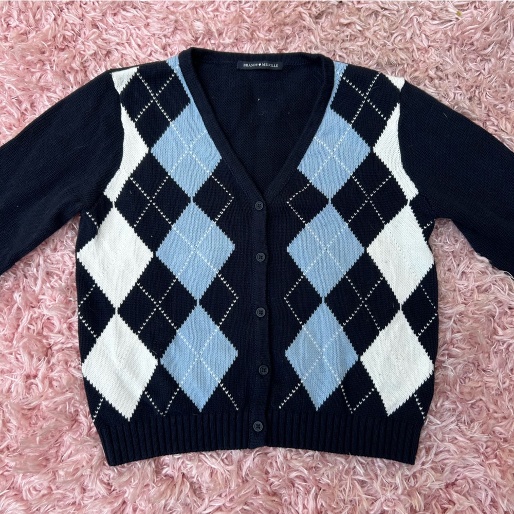 brandy melville “elizabeth” blue/white argyle knit cardigan sweater, size small